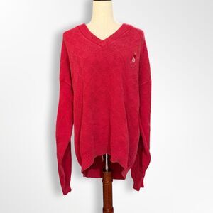 Vintage Scottish Isle by Bernette Red V-Neck Embroidered Golf Sweater, L,  80s